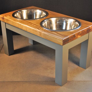 Raised Double Dog Bowl Table: Chunky Farmhouse Feeder, Dark Oak