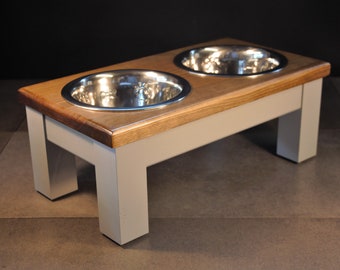 medium dog, double bowl dog table, raised dog bowl, dog bowls, mid grey base, slim style top in dark oak danish oil