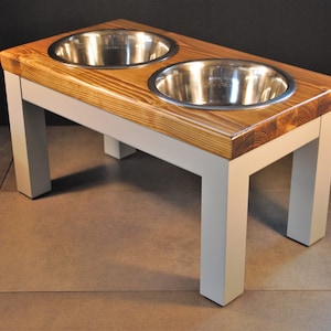 Raised Double Dog Bowl Table: Chunky Farmhouse Feeder, Dark Oak