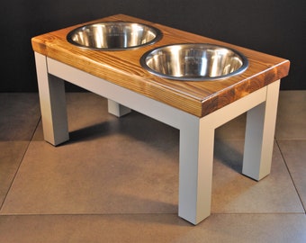 Raised Double Dog Bowl Table: Chunky Farmhouse Feeder, Dark Oak