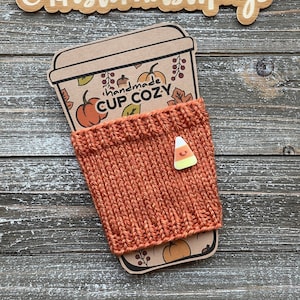 Candy Corn Button Knit Cup Cozy // Knit Coffee Cup Sleeve // Reusable Coffee Sleeve // Fall Theme Cup Cozy