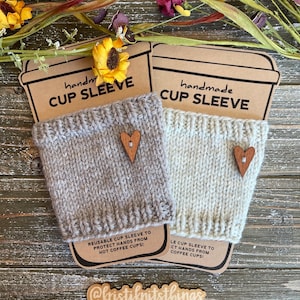 Hand-Knit Coffee Cup Cozy: Wool Blend Yarn Sleeve with Wooden Heart Button
