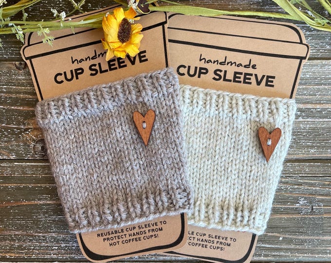 Hand-Knit Coffee Cup Cozy: Wool Blend Yarn Sleeve with Wooden Heart Button