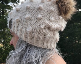 Womens Bobble Knit Hat // Chunky Knit Hat // Knitted Beanie // Knit hat with faux fur pom // 16" x 9” Tall // Multiple Colors Available