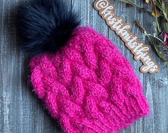 Womens Braided Cable Beanie // Chunky Knit Hat // Cable Knit Beanie // Knit Hat with faux fur pom // 16.5" x 9.25" T // Multiple Colors