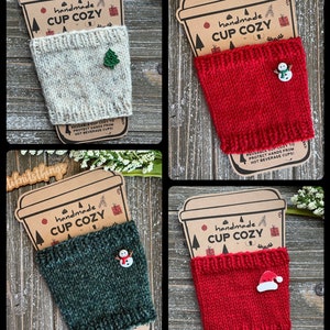 Holiday Theme Cup Cozy // Knit Coffee Cup Sleeve // Reusable Coffee Cozy //  Cup Sleeve with holiday buttons // Multiple Options