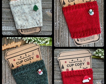 Holiday Theme Cup Cozy // Knit Coffee Cup Sleeve // Reusable Coffee Cozy //  Cup Sleeve with holiday buttons // Multiple Options