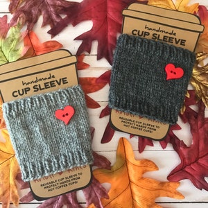 Hand- Knit Cup Cozy: Reusable Coffee Sleeve with Red Heart Button