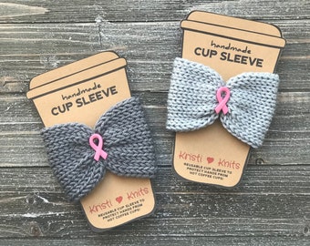 Pink Ribbon Knit Coffee Cup Cozy // Knit Coffee Cup Sleeve // Reuseable Coffee Cozy // Breast Cancer Ribbon // 3" tall