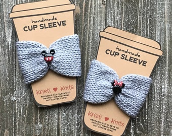 Mickey and Minnie Knit Cup Cozy // Knit Coffee Cup Sleeve // Reuseable Coffee Cozy // Sparkle Yarn Coffee Sleeve with button // 3" tall