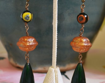 Vintage Tear Drop & Italian Millefoirori Glass Charm Earrings