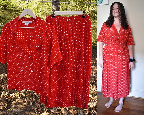 80s Josephine Chaus Red Polka Dot Shirt and Skirt Set 