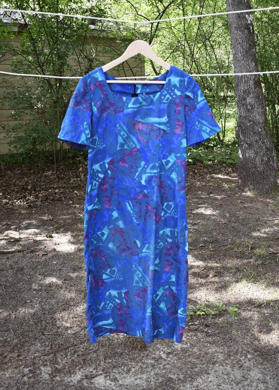 80s Funky Blue Trapeze Dress - image 2