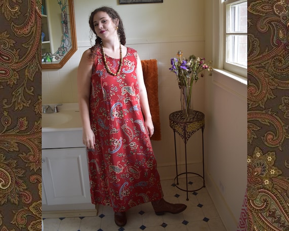 90s Red Paisley Flower Dress - image 1
