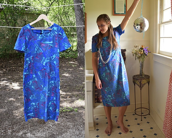 80s Funky Blue Trapeze Dress