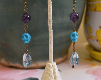 Howlite Skull and Amethyst Drop Earrings