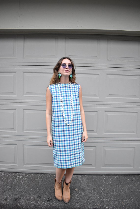 60s Mod Blue Check Shift Dress - image 2