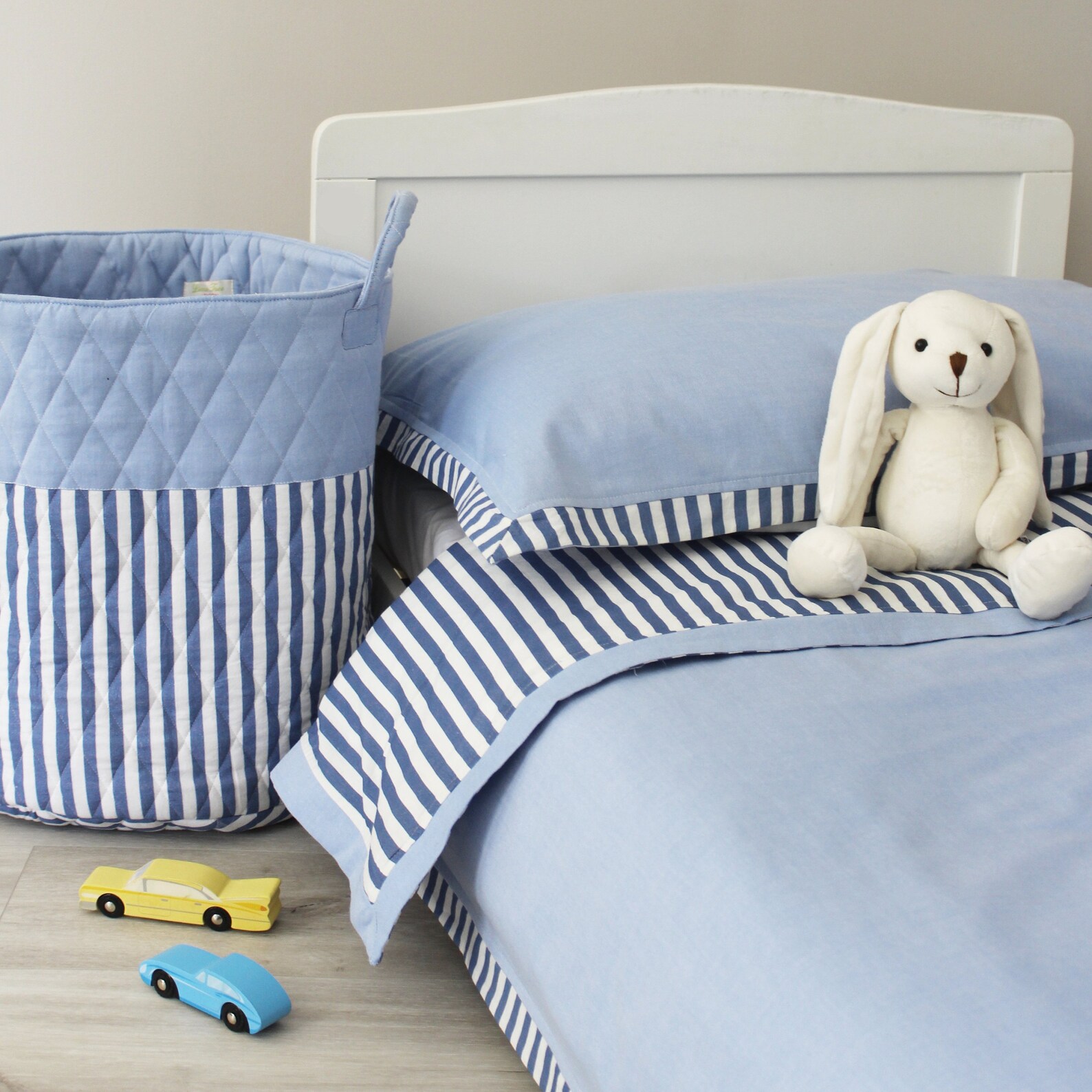 Reversible Blue Stripe & Chambray Duvet Cover Pillowcase Set Cot Bed