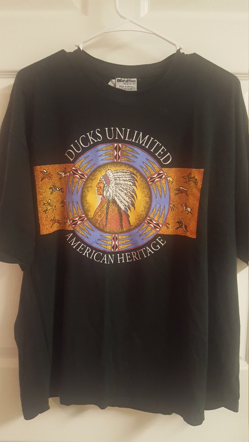 Vintage Indian Head T Shirt 90s Size Large Double Sided Native American Ducks Unlimited Tribal