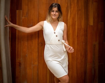 Robe croiseur convertible blanc cassé, robe boutonnée, robe en lin, tenues de plage Tulum, vêtements en lin pour femme, tenues de villégiature, robe d'été