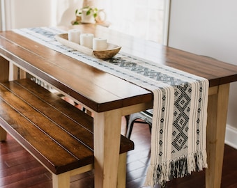 Mexican Table Runner/Day of the Dead Decor, Country Blue/Black/Neutral/Macrame/Beach Wedding/Boho Wedding//Fair Trade Oaxacan Table Runner