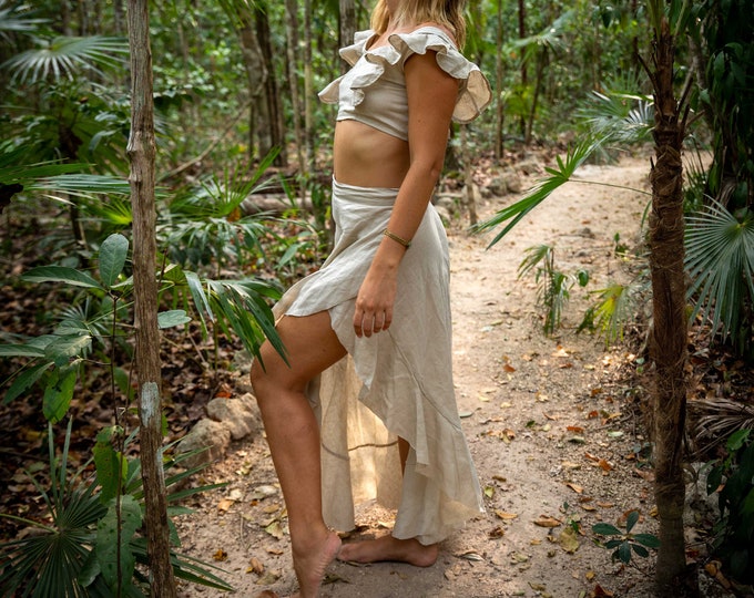 Island Wrap Skirt Mid Ruffle Linen Asymmetrical Ruffle Skirt, Resort ...