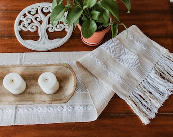 Mexican Woven Table Runner/Day of the Dead Decor/Fall Table/Neutral White Table/Macrame/Beach Boho Wedding/Fair Trade Gifts made in Oaxaca