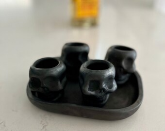 Day of the Dead Decor, Mexican Ceramic Sugar Skull Shot Glass, Black Clay Pottery, Bar Decor, Skull Oddities, Dia de los Muertos Ofrenda