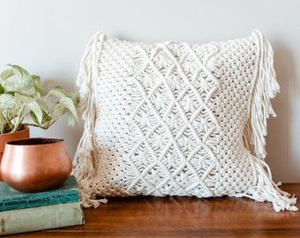 16 x 16 Bohemian Throw Pillow, Macrame Pillow Cover, Farmhouse Decor, Home Decor, Decorative Throw Pillos, White Cream Floor Pillow, Picnic