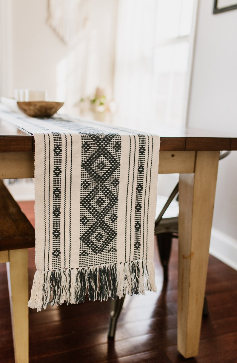 Mexican Table Runner/Day of the Dead Decor, Country Blue/Black/Neutral/Macrame/Beach Wedding/Boho Wedding//Fair Trade Oaxacan Table Runner image 2