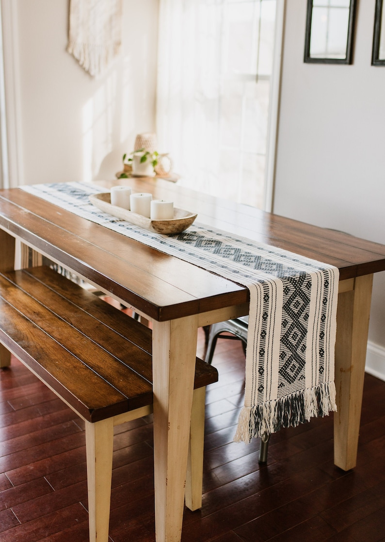 Mexican Table Runner/Day of the Dead Decor, Country Blue/Black/Neutral/Macrame/Beach Wedding/Boho Wedding//Fair Trade Oaxacan Table Runner image 1