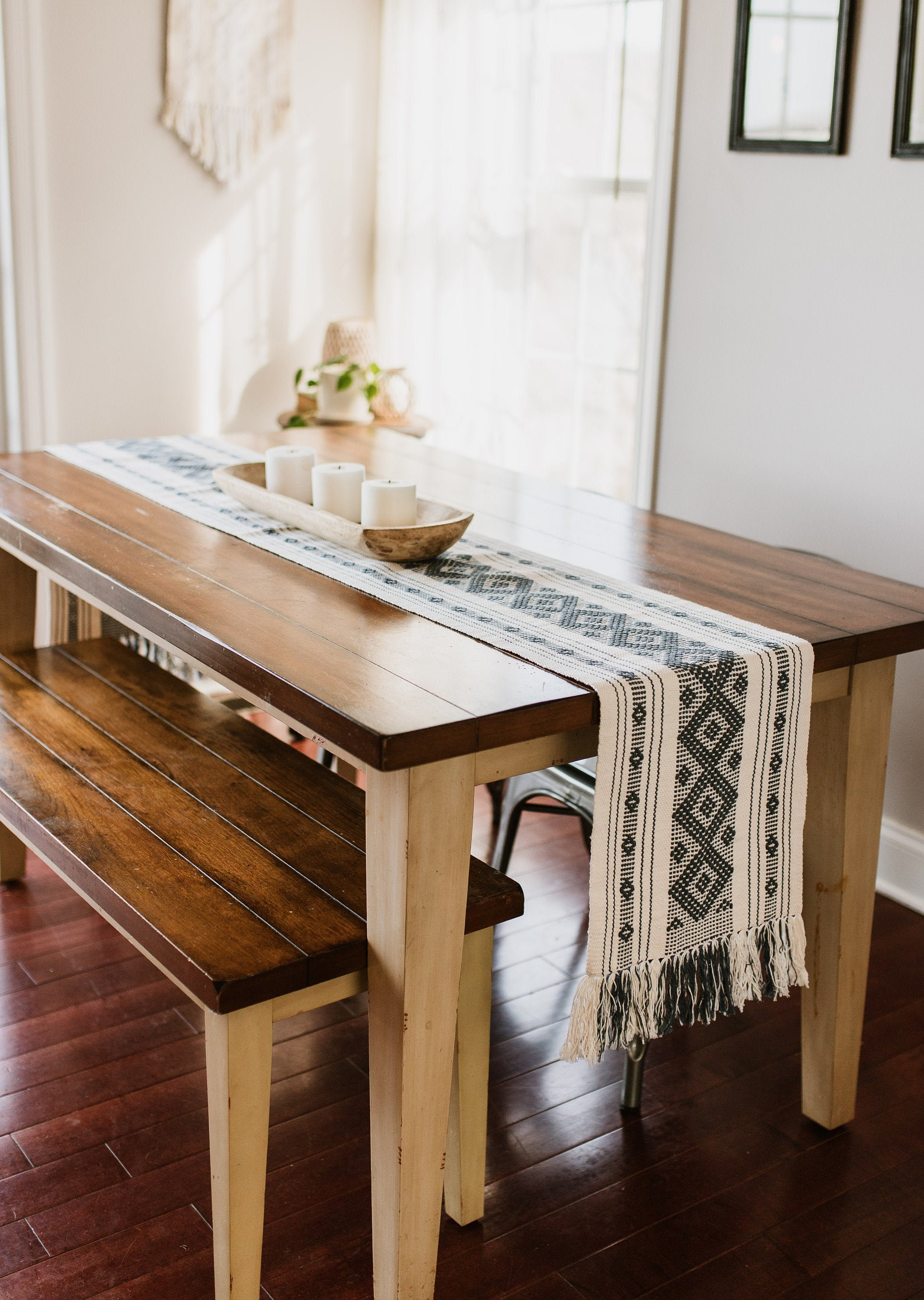 Mexican Table Runner/Day of the Dead Decor, Country Blue/Black/Neutral/Macrame/Beach Wedding/Boho Wedding//Fair Trade Oaxacan Table Runner