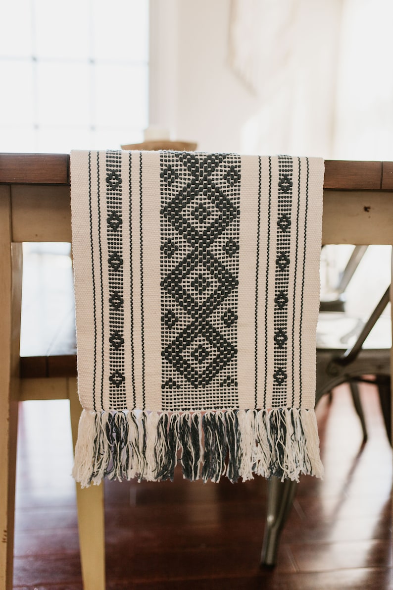 Mexican Table Runner/Day of the Dead Decor, Country Blue/Black/Neutral/Macrame/Beach Wedding/Boho Wedding//Fair Trade Oaxacan Table Runner image 3