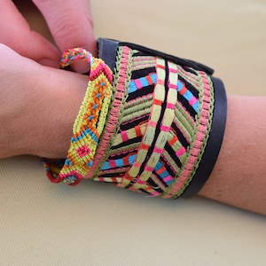 Woven Friendship Bracelet, Neon Chevron, Boho Leather Cuff
