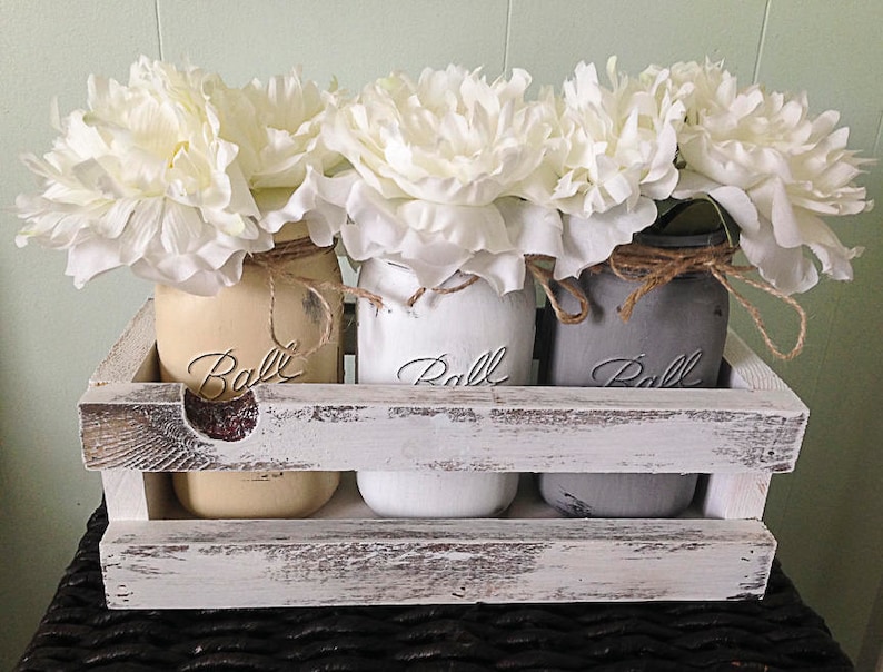 Neutral tone Mason jar centerpiece farmhouse decor rustic image 0