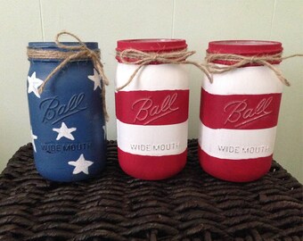 American Flag Inspired Mason jar decor, Rustic Mason jar centerpiece, Reclaimed wood crate