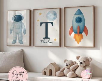 Personalized Outer Space Nursery Art | Set Of 3 Astronaut And Rocketship Toddler Nursery Decor | Moon Baby Shower Gift | Digital Download
