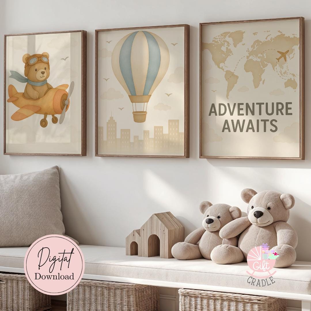 Airplane Nursery Wall Art | Set of 3 Aviation Nursery Art | Hot Air ...