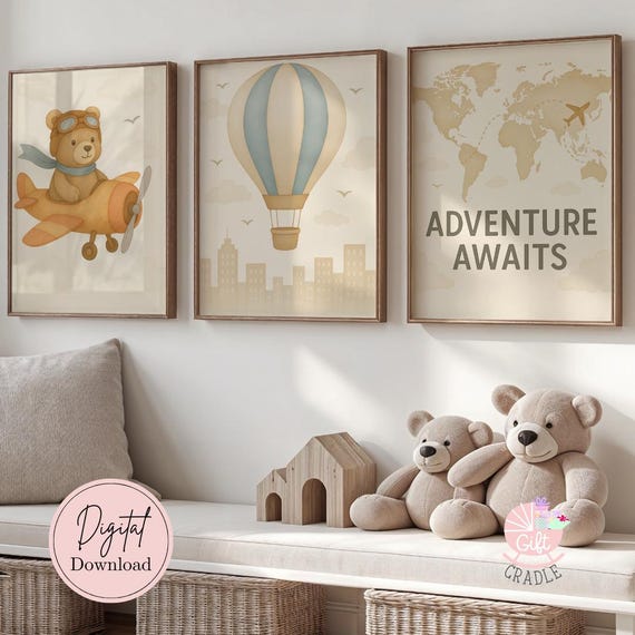 Airplane Nursery Wall Art | Set of 3 Aviation Nursery Art | Hot Air Balloon Blue Baby Boy Nursery | Adventure Awaits Map Nursery Gift