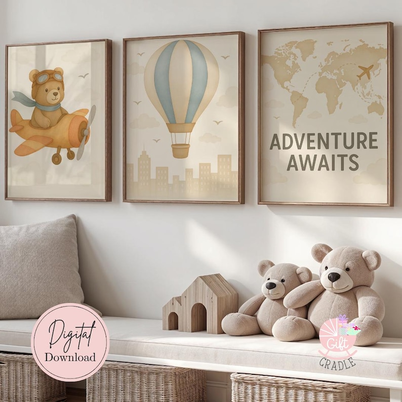 a teddy bear sitting on a bench in front of three pictures
