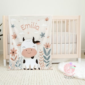 Personalized Cow Baby Blanket With Name | Cow Baby Shower Gift | Cow Theme Nursery Decor | Farmhouse Baby Blanket | Farm Nursery Bedding