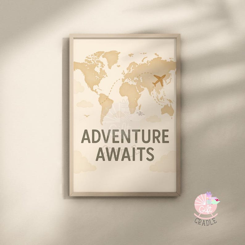 a poster hanging on a wall that says adventure awaits