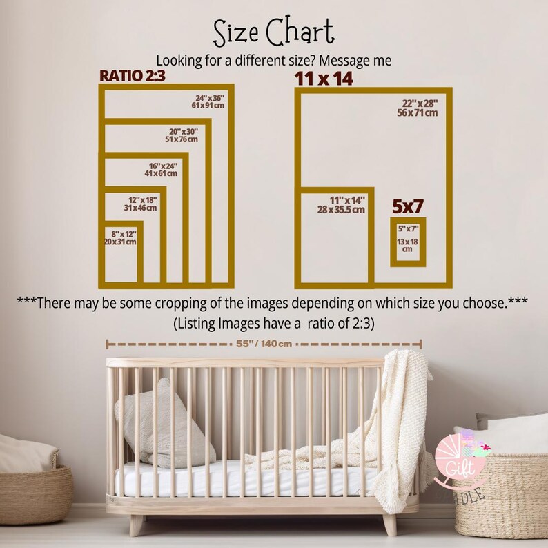 a baby crib with a size chart on the wall