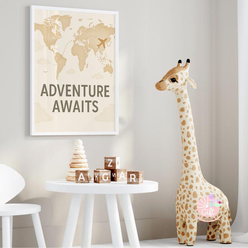 a giraffe statue next to a table with a poster on the wall