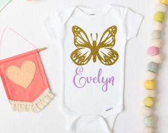 Butterfly Onesies® Gold Glitter BodySuit | Personalized Custom Onesies® | Baby Shower Onesies® | Birthday Onesies® | Cute Baby Girl Onesies®