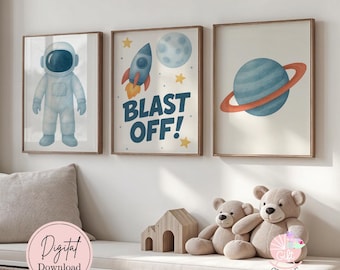 Outer Space Nursery Art | Set Of 3 Astronaut And Rocketship Toddler Nursery Decor | Moon Saturn Planet Baby Shower Gift | Digital Download