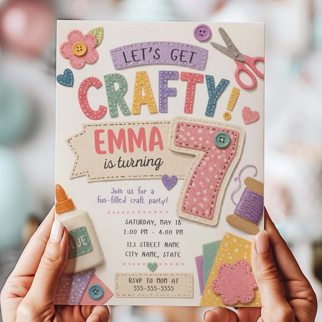 Craft Birthday Invitation, Craft Party Invite, Kids DIY Theme, 7th ...