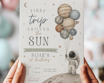 First Trip Around the Sun Invitation, Outer Space 1st Birthday Invite, Canva Template, Digital Download | os1