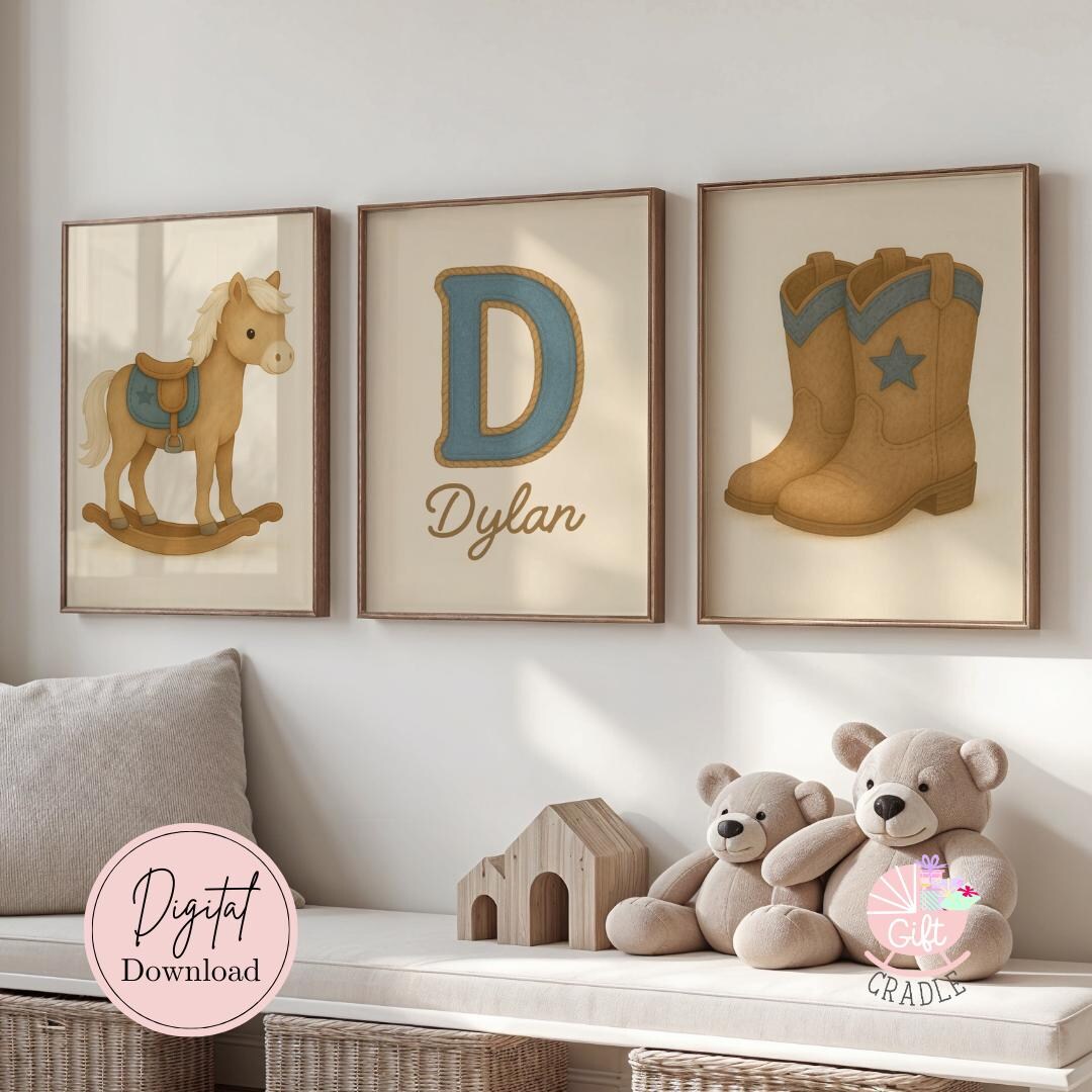 Personalized Cowboy Nursery Wall Art | Set of 3 Western Baby Boy ...