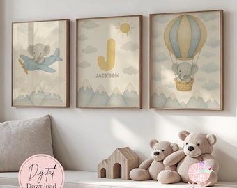 Personalized Airplane Nursery Wall Art | Download Set of 3 Aviation Nursery Decor | Elephant Hot Air Balloon Blue Baby Boy Nursery Gift |